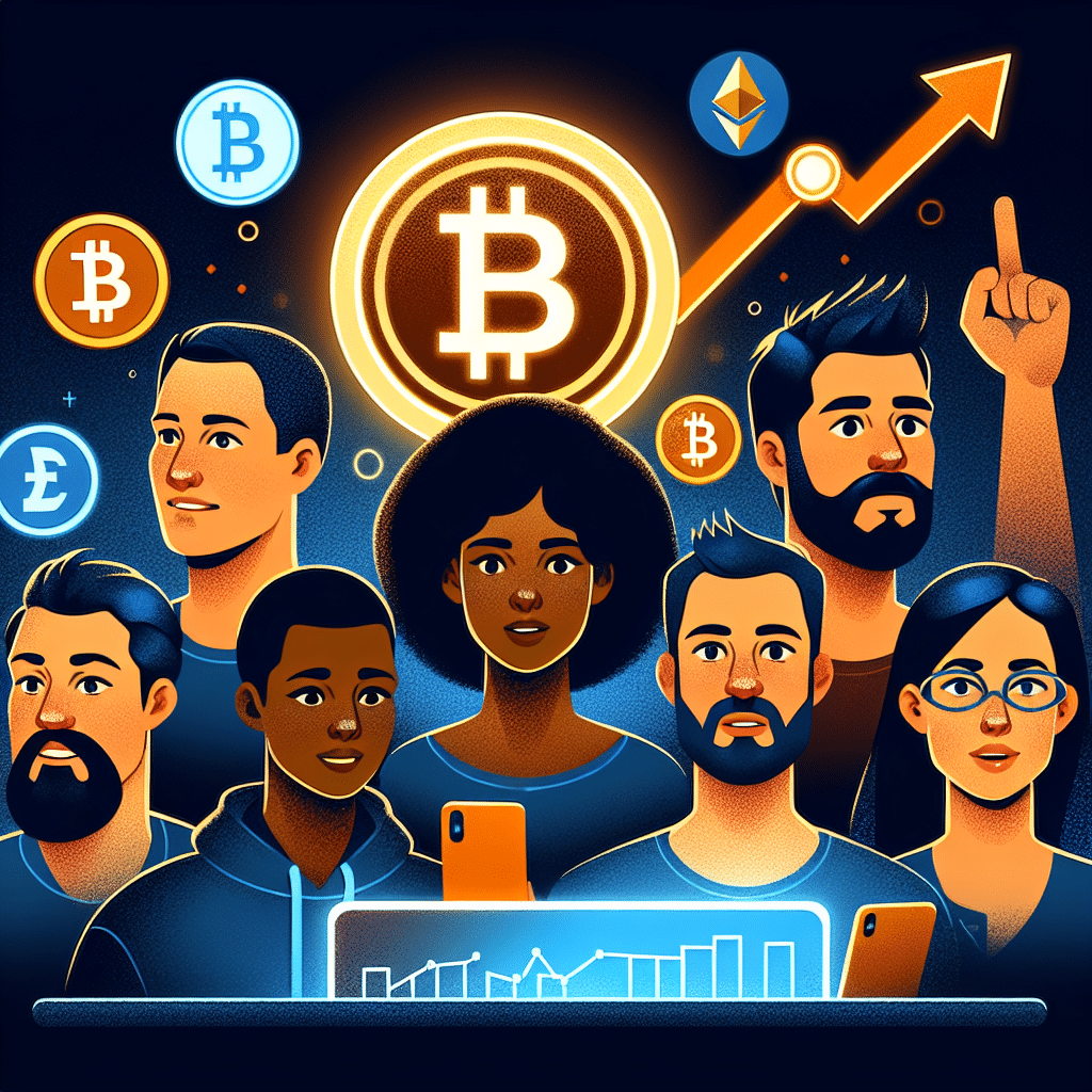 "Digital illustration of diverse individuals expressing interest in cryptocurrencies, their faces illuminated by an upward trending graph of Bitcoin and Ether values on a computer screen. The surge in cryptocurrency interest is symbolized by a huge '2025' symbol, while a symbol of 'knowledge' represents the learning curve. The illustration colorfully highlighted in the branding colors Orange #FF9811, Dark Blue #000D43, and Midnight blue #021B88 with a dark themed background in a 1200 x 628 pixel composition suitable for WordPress blogs."