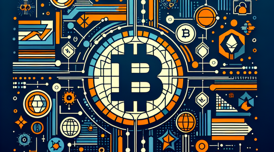 "Blockchain integration technology illustration with the logos of Ant Group, USDC, and Circle prominently placed. Background represents international integration with a futuristic elements on anonymity. Visual prominence is given to the color orange, with crucial elements in dark blue and a midnight blue background to highlight the potential future of financial markets."