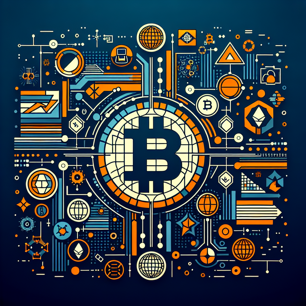 "Blockchain integration technology illustration with the logos of Ant Group, USDC, and Circle prominently placed. Background represents international integration with a futuristic elements on anonymity. Visual prominence is given to the color orange, with crucial elements in dark blue and a midnight blue background to highlight the potential future of financial markets."