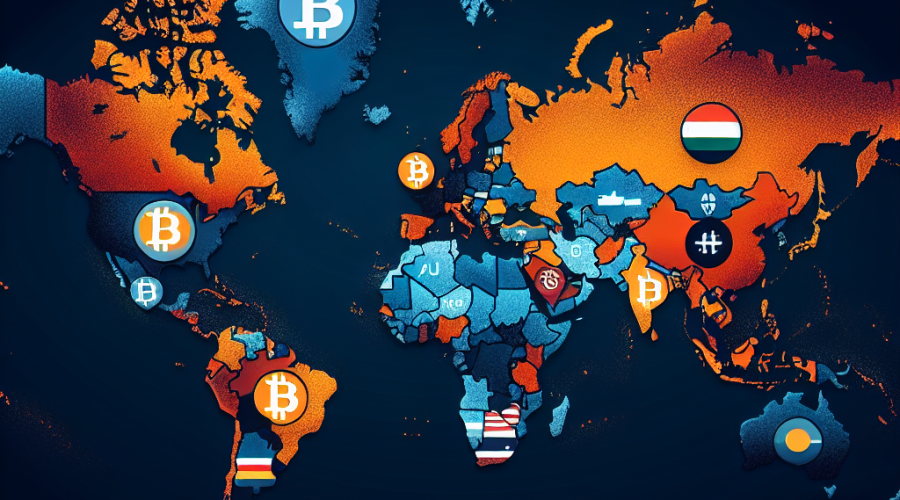 "World map in shades of orange, dark blue, and midnight blue highlighting crypto-friendly tax haven countries including Cayman Islands, UAE, El Salvador, Germany, and Portugal with Bitcoin symbols, indicating their openness and support to cryptocurrency."