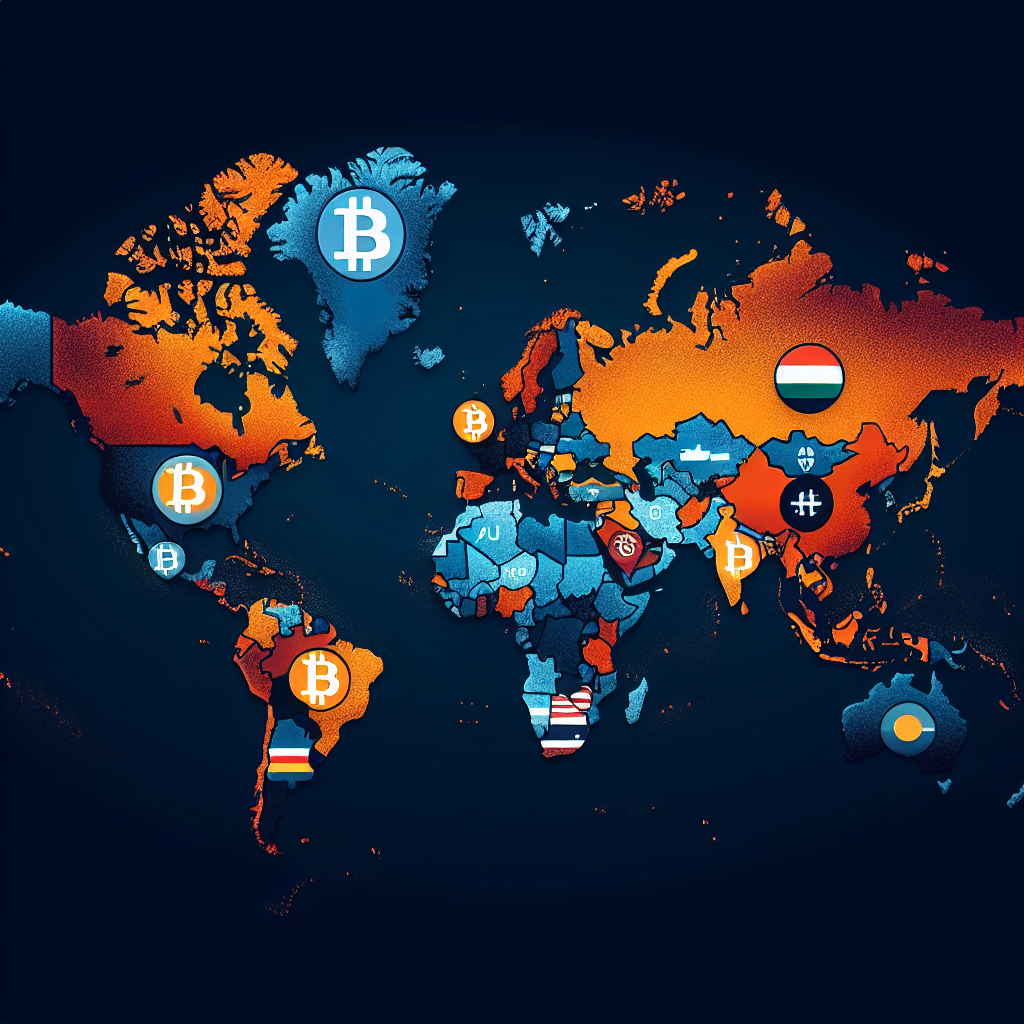 "World map in shades of orange, dark blue, and midnight blue highlighting crypto-friendly tax haven countries including Cayman Islands, UAE, El Salvador, Germany, and Portugal with Bitcoin symbols, indicating their openness and support to cryptocurrency."