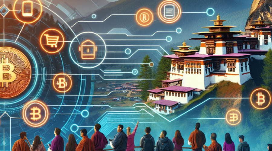 "Scenic view of Bhutan's mountainous landscapes, traditional monastery, tech-savvy tourists using crypto payments against vibrant brand colours. Overlay of digital icons signifies cryptocurrency concept in a blend of tradition and innovation. Designed to suitable size 1200 x 628 pixels."