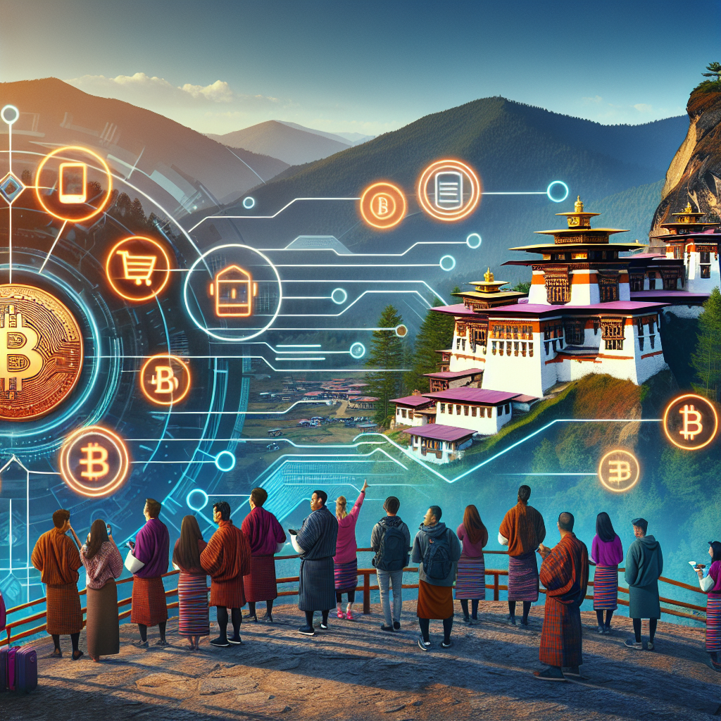 "Scenic view of Bhutan's mountainous landscapes, traditional monastery, tech-savvy tourists using crypto payments against vibrant brand colours. Overlay of digital icons signifies cryptocurrency concept in a blend of tradition and innovation. Designed to suitable size 1200 x 628 pixels."