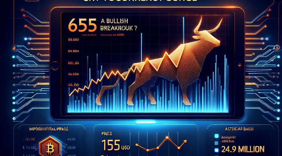 "Bullish Binance Coin (BNB) chart on a digital screen depicting rise in value with data points such as highest price since June (655 USD), 160% increase in transactions, and 24.9 million active addresses; stylized blockchain connections in the background using Dark Blue and Midnight Blue color scheme; depiction of a bull signifying a bullish market; all in a modern layout with title 'Binance Coin: A Bullish Breakout?' in vibrant Orange color."