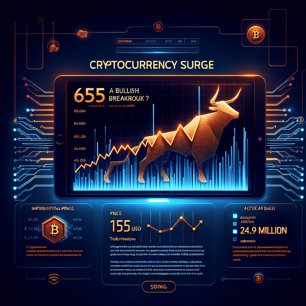 "Bullish Binance Coin (BNB) chart on a digital screen depicting rise in value with data points such as highest price since June (655 USD), 160% increase in transactions, and 24.9 million active addresses; stylized blockchain connections in the background using Dark Blue and Midnight Blue color scheme; depiction of a bull signifying a bullish market; all in a modern layout with title 'Binance Coin: A Bullish Breakout?' in vibrant Orange color."