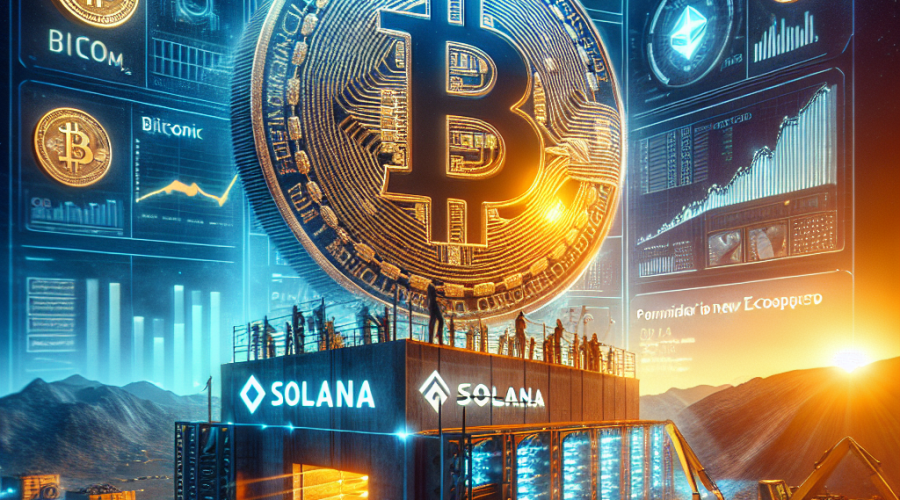 "Bitcoin Mining Firm showing strategic shift into Solana Ecosystem, depicted by symbolic asset conversion visuals; features bit mining operations background, Solana logo overlay in Orange, Dark Blue, and Midnight Blue brand colors. Also highlights a significant rise in Bit Mining's stock price."
