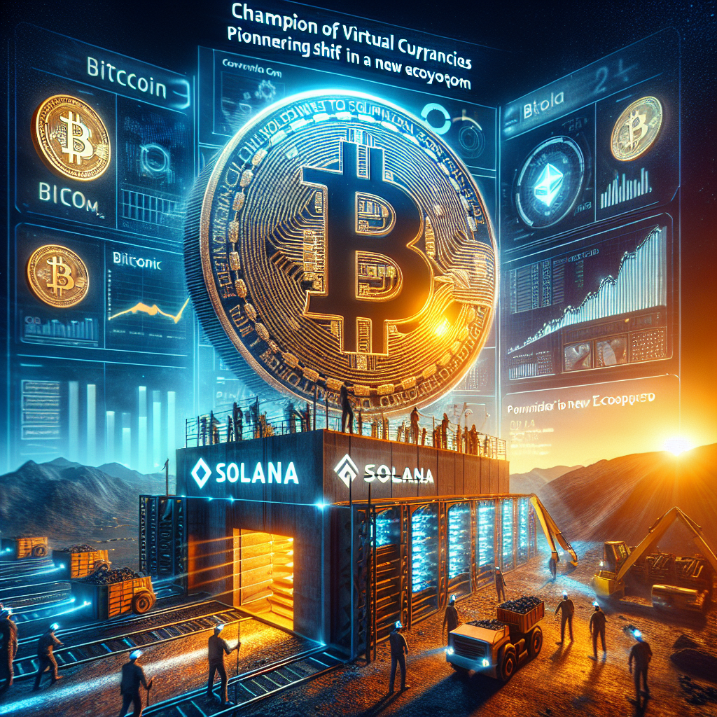 "Bitcoin Mining Firm showing strategic shift into Solana Ecosystem, depicted by symbolic asset conversion visuals; features bit mining operations background, Solana logo overlay in Orange, Dark Blue, and Midnight Blue brand colors. Also highlights a significant rise in Bit Mining's stock price."