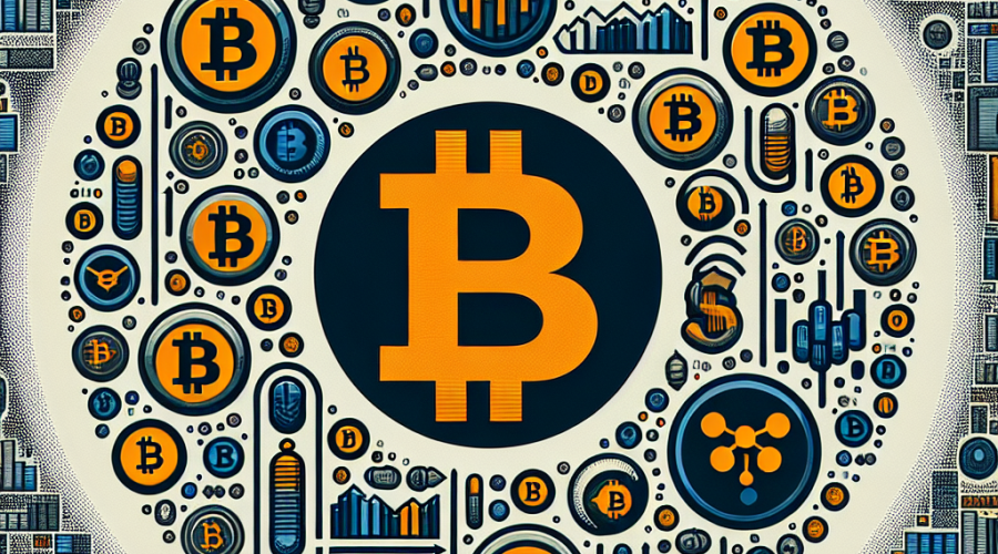 "Orange Bitcoin symbol dominating over smaller midnight blue symbols of other cryptocurrencies against a light background, indicating Bitcoin's dominance in the financial sector. Dark blue images of stocks trailing behind signify the increasing interest in crypto-equity, reflecting the shifting trends in digital asset ownership. 1200x628 pixels."