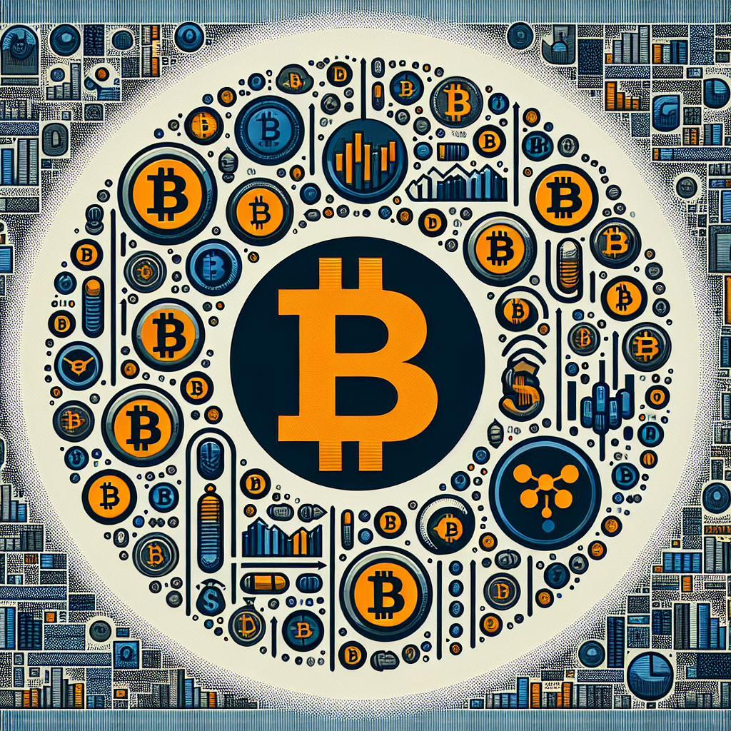 "Orange Bitcoin symbol dominating over smaller midnight blue symbols of other cryptocurrencies against a light background, indicating Bitcoin's dominance in the financial sector. Dark blue images of stocks trailing behind signify the increasing interest in crypto-equity, reflecting the shifting trends in digital asset ownership. 1200x628 pixels."