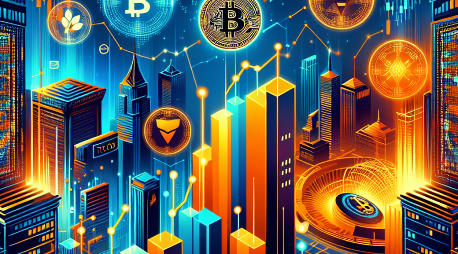 "Dynamic financial landscape illustration highlighting Bitcoin ETF shares, institutional digital adoptions with logos of Solana and Ethereum, and the transition of corporate treasuries and traditional financial firms into the crypto world, all artistically designed in brand colors orange, dark blue, and midnight blue."