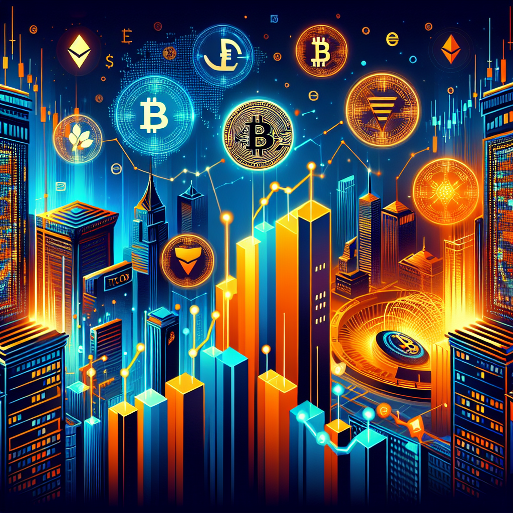 "Dynamic financial landscape illustration highlighting Bitcoin ETF shares, institutional digital adoptions with logos of Solana and Ethereum, and the transition of corporate treasuries and traditional financial firms into the crypto world, all artistically designed in brand colors orange, dark blue, and midnight blue."