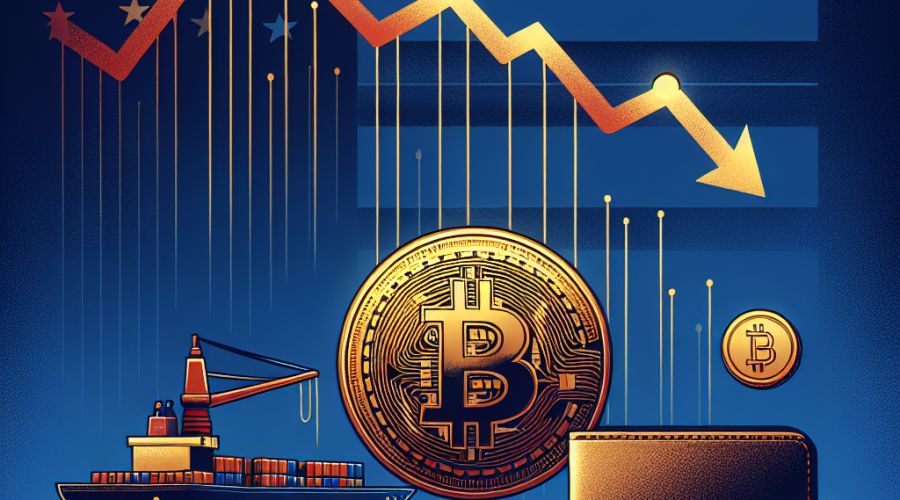 "Dark-blue background with an illustration of a Bitcoin coin, a declining orange graph indicating falling Bitcoin value, a wallet symbolizing funds movement, and a cargo ship with a U.S flag depicting US import tariffs. A visual representation of financial uncertainty and risk in Midnight blue highlights, with dimensions of 1200 x 628 pixels."