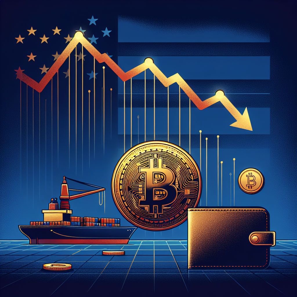 "Dark-blue background with an illustration of a Bitcoin coin, a declining orange graph indicating falling Bitcoin value, a wallet symbolizing funds movement, and a cargo ship with a U.S flag depicting US import tariffs. A visual representation of financial uncertainty and risk in Midnight blue highlights, with dimensions of 1200 x 628 pixels."