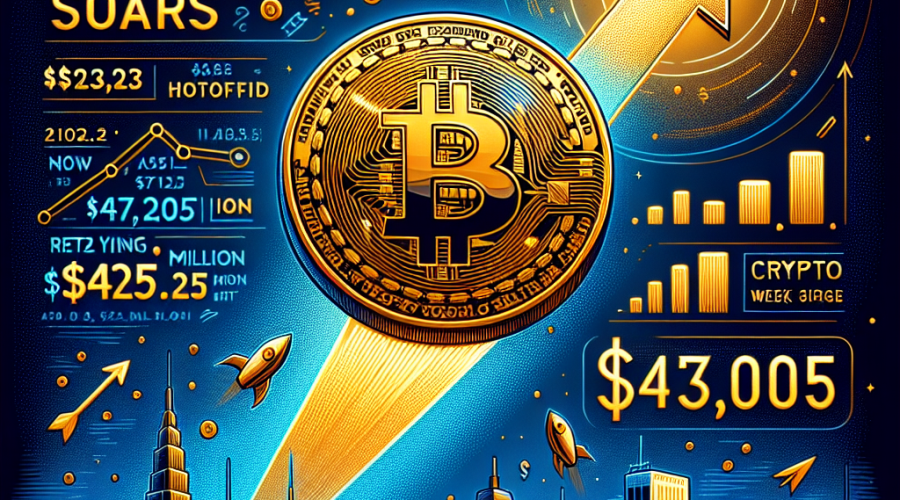 "Golden-hued Bitcoin coin with glowing upward arrow signifying record-breaking increase to 3,000 against a dark blue background. Illustration of the U.S. Capitol Building denotes pending crypto-focused bills. Accents in orange signify 2.5 million market cap. Phrases 'Bitcoin Soars' and 'Crypto Week Optimism' in midnight blue capture the sentiment."