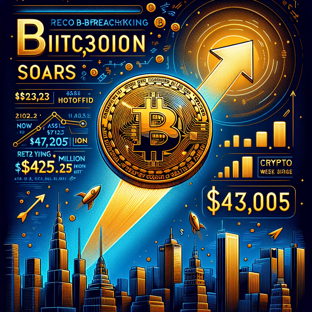 "Golden-hued Bitcoin coin with glowing upward arrow signifying record-breaking increase to 3,000 against a dark blue background. Illustration of the U.S. Capitol Building denotes pending crypto-focused bills. Accents in orange signify 2.5 million market cap. Phrases 'Bitcoin Soars' and 'Crypto Week Optimism' in midnight blue capture the sentiment."