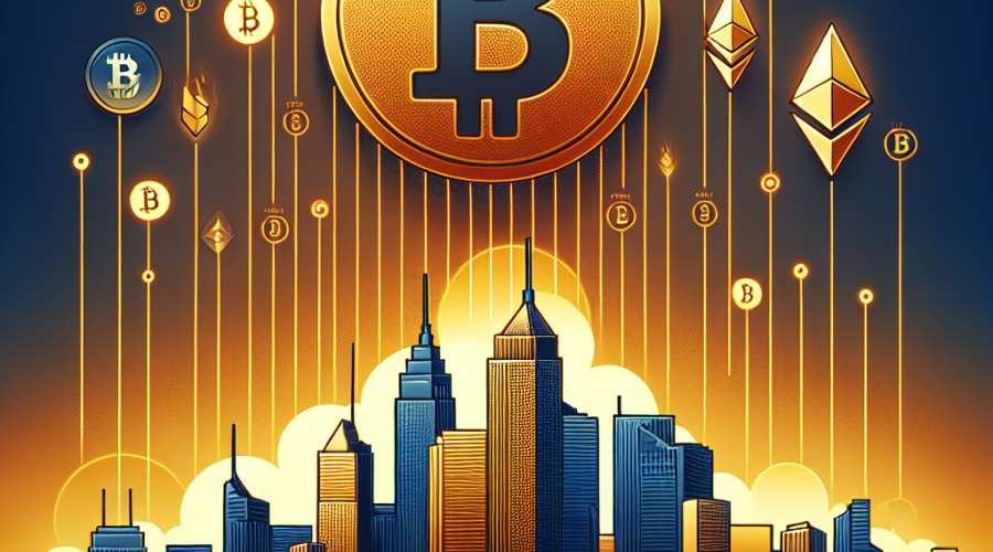 "Bitcoin symbol soaring high above $1200 mark against a backdrop of US Congress building demonstrating upcoming cryptocurrency discussions, coupled with representations of share and Ether symbols denoting boost in digital assets and crypto-related firms; rendered on a visually appealing gradient of orange, dark blue and midnight blue, representing a seamless transition of Bitcoin's ascent, in a clean, modern design with dimensions of 1200x628 pixels."