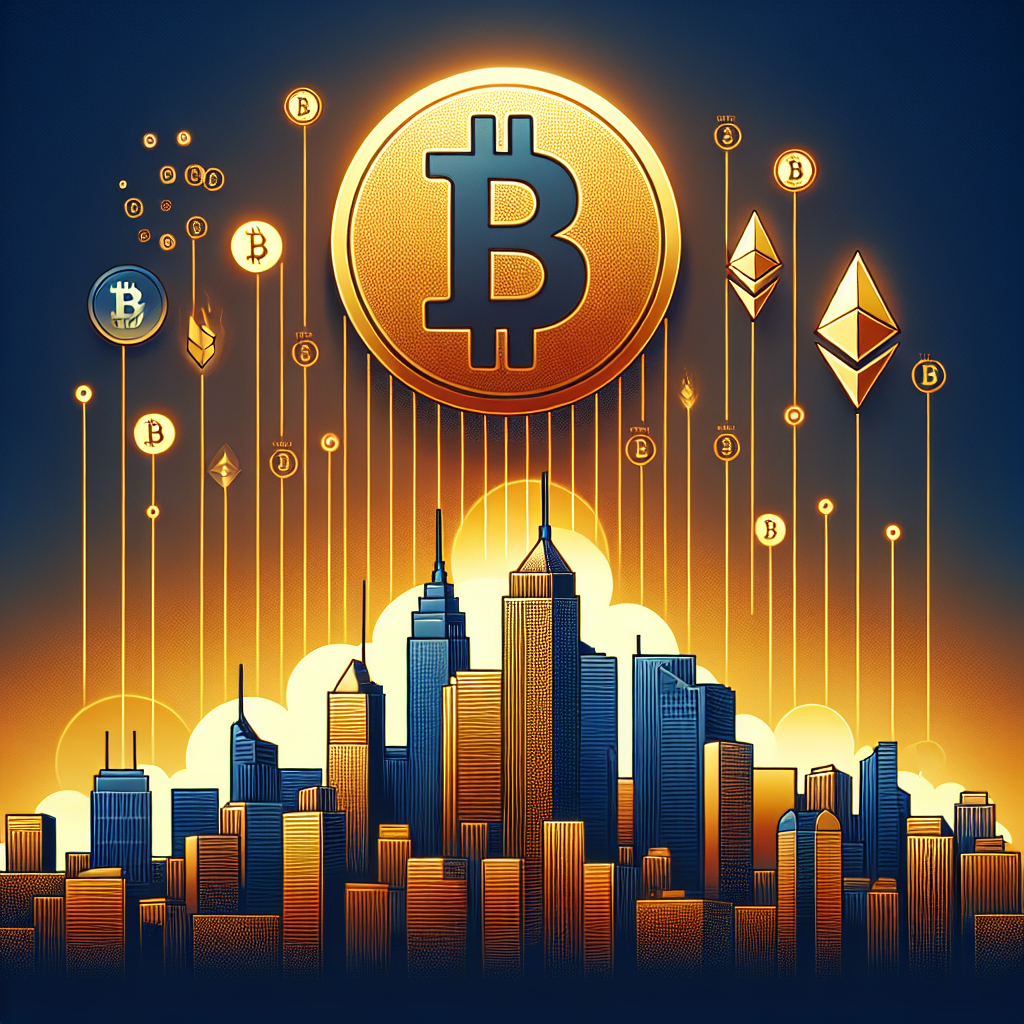 "Bitcoin symbol soaring high above $1200 mark against a backdrop of US Congress building demonstrating upcoming cryptocurrency discussions, coupled with representations of share and Ether symbols denoting boost in digital assets and crypto-related firms; rendered on a visually appealing gradient of orange, dark blue and midnight blue, representing a seamless transition of Bitcoin's ascent, in a clean, modern design with dimensions of 1200x628 pixels."