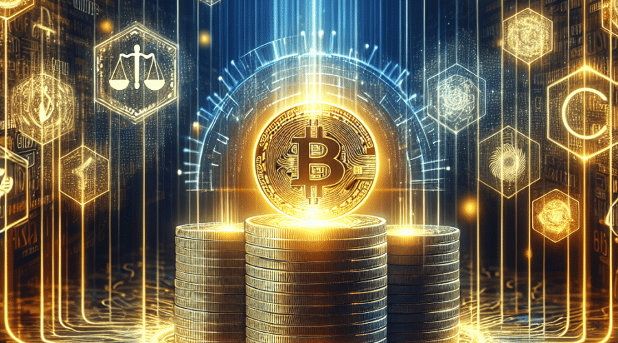 "Stacked Bitcoins glowing with light and intertwined with blockchain spirals against a gradient background transitioning from dark blue to midnight blue, portraying the digital wealth concept. Nearby prominent finance company logos including BNY Mellon, Goldman Sachs, BlackRock, BNY Investments Dreyfus, Federated Hermes, and Fidelity Investments signify their participation. 'Tokenization: The Future of Finance' inscribed prominently in punchy orange emphasizes evolving fintech trends."