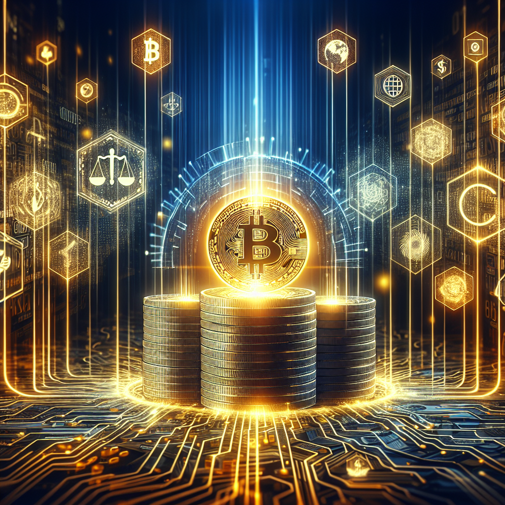 "Stacked Bitcoins glowing with light and intertwined with blockchain spirals against a gradient background transitioning from dark blue to midnight blue, portraying the digital wealth concept. Nearby prominent finance company logos including BNY Mellon, Goldman Sachs, BlackRock, BNY Investments Dreyfus, Federated Hermes, and Fidelity Investments signify their participation. 'Tokenization: The Future of Finance' inscribed prominently in punchy orange emphasizes evolving fintech trends."