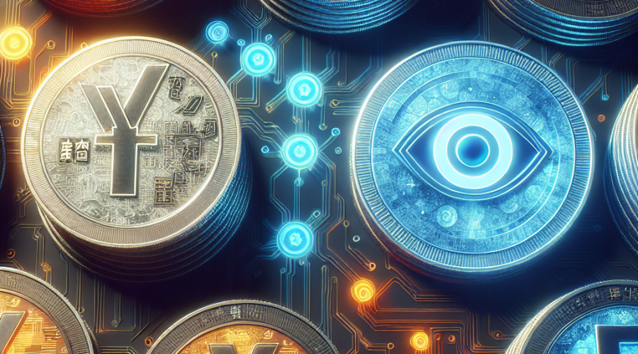 "Digital Chinese yuan coins overlaid with stablecoin symbols, illuminated on one side symbolizing China's openness towards stablecoins, rendered in our brand's signature Orange and shades of Blue."