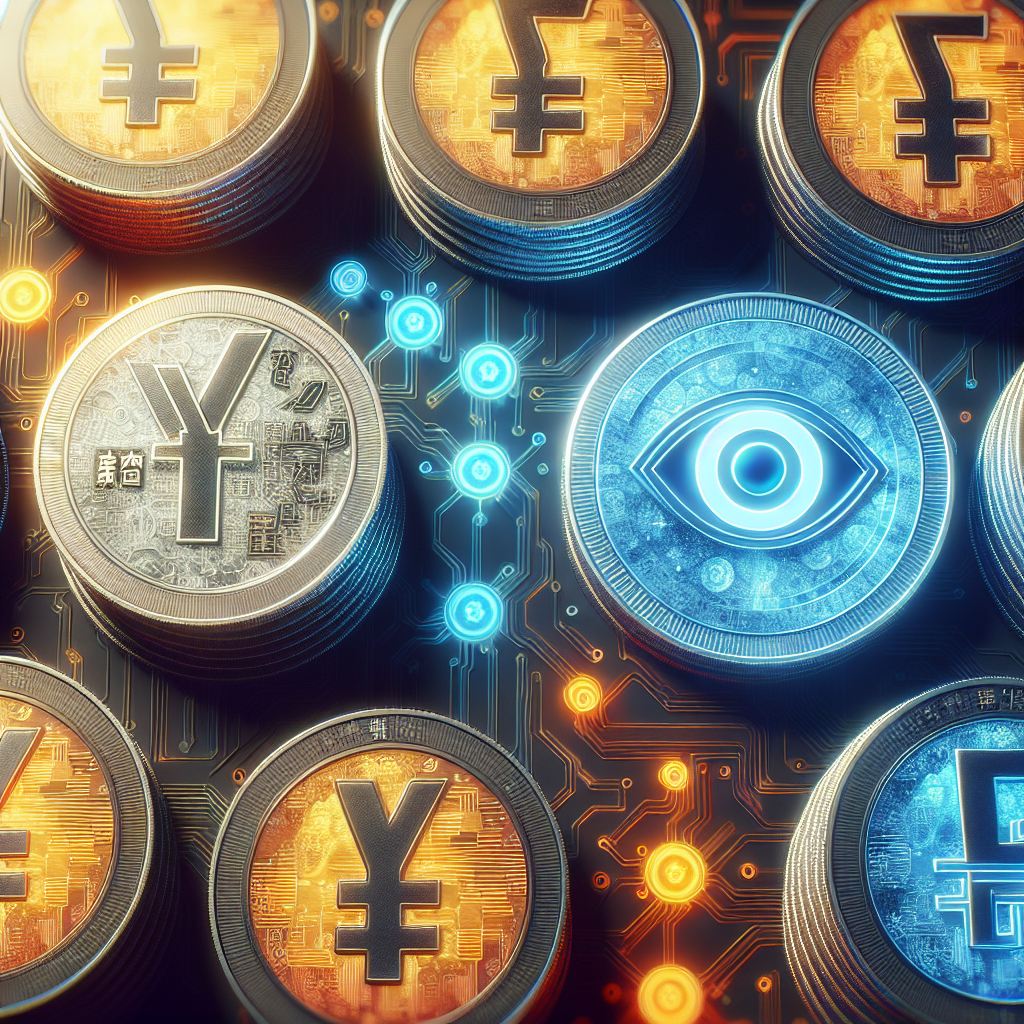 "Digital Chinese yuan coins overlaid with stablecoin symbols, illuminated on one side symbolizing China's openness towards stablecoins, rendered in our brand's signature Orange and shades of Blue."