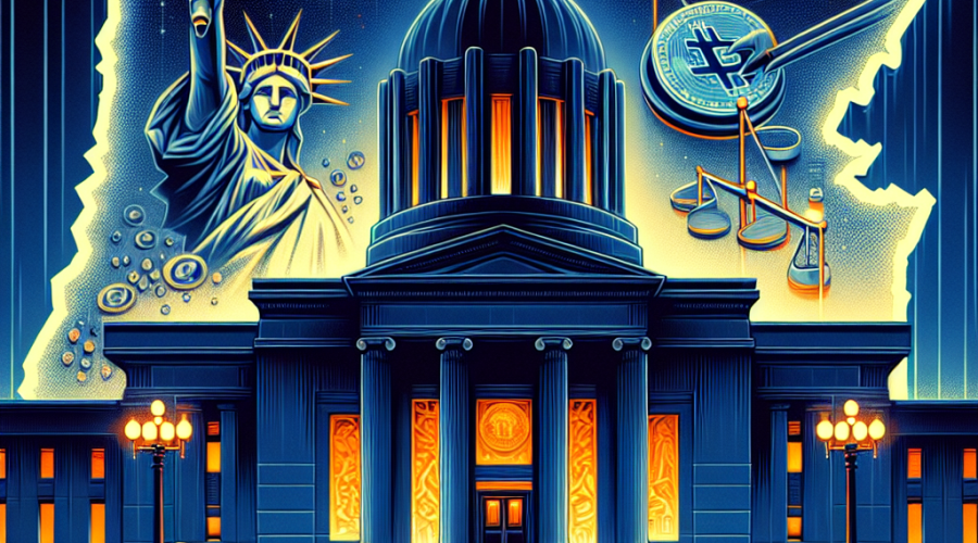"SEO Alt-text: Dramatic image featuring a courthouse backdrop in midnight blue, an embossed Coinbase logo, and a map of Oregon State in orange. Caption reads 'Coinbase vs Oregon State: A Question of Crypto Regulation' in dark blue, encapsulating the intense dispute on cryptocurrency regulation. Optimized to 1200x628 pixels."