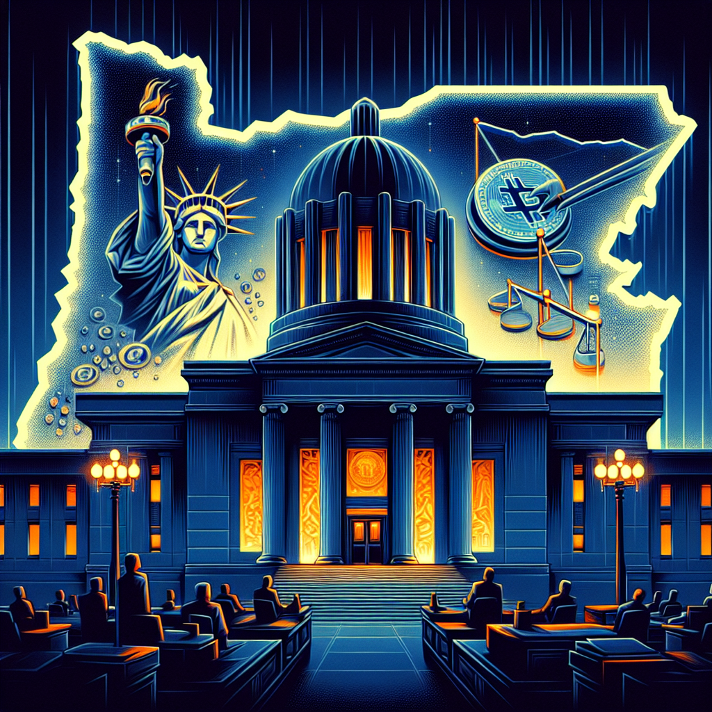 "SEO Alt-text: Dramatic image featuring a courthouse backdrop in midnight blue, an embossed Coinbase logo, and a map of Oregon State in orange. Caption reads 'Coinbase vs Oregon State: A Question of Crypto Regulation' in dark blue, encapsulating the intense dispute on cryptocurrency regulation. Optimized to 1200x628 pixels."