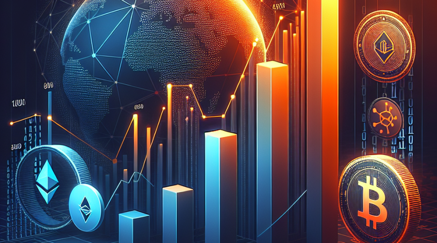 "3D Bar graph illustrating growth in Crypto Payments and AI popularity on dark blue background; featuring Bitcoin, Ether, and Stablecoins symbols. An innovative digital globe represents global crypto adoption, overlaid with a matrix of binary code for AI implication. The image, sized 1200x628 pixels, utilizes a color palette of Orange (#FF9811), Dark Blue (#000D43), and Midnight Blue (#021B88)."