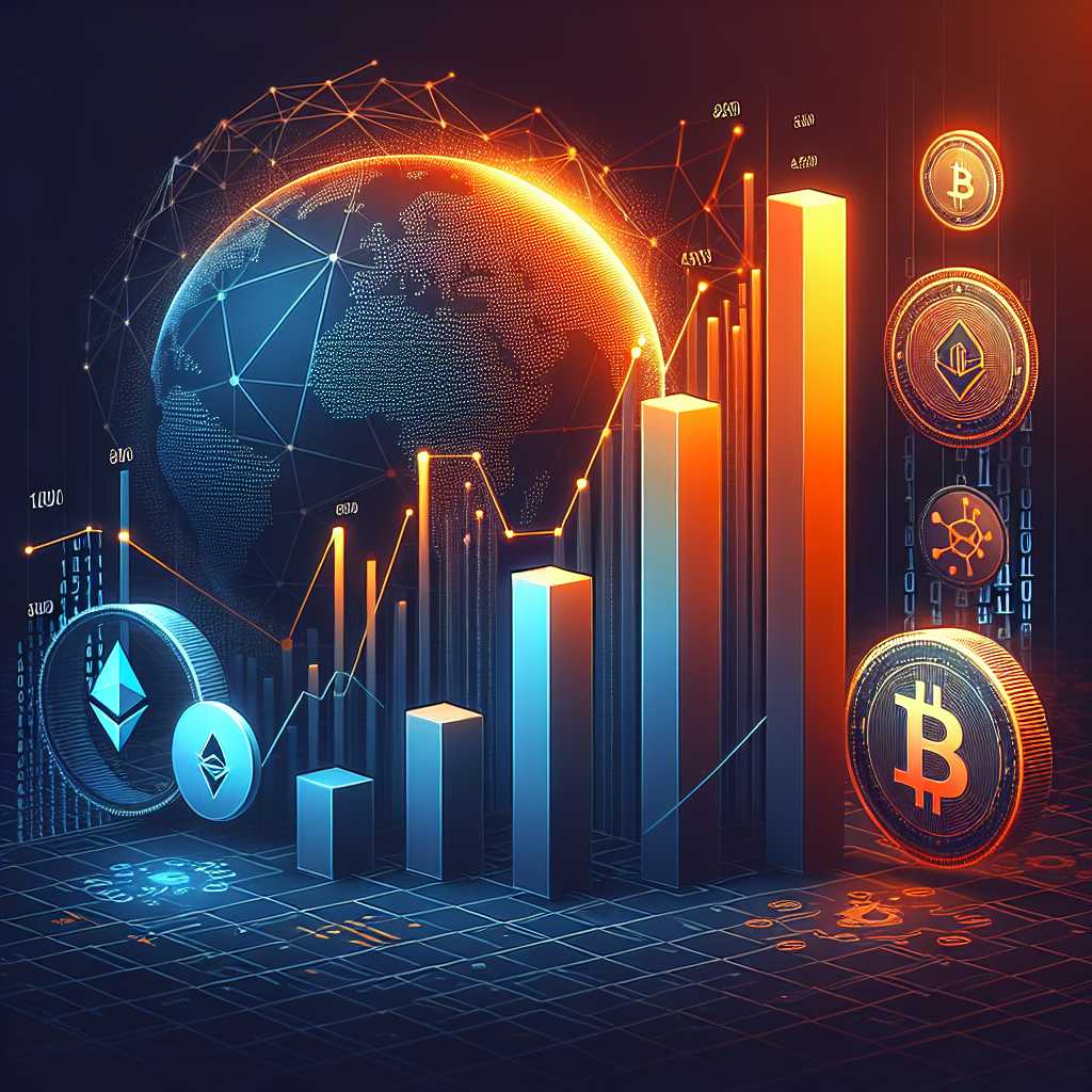 "3D Bar graph illustrating growth in Crypto Payments and AI popularity on dark blue background; featuring Bitcoin, Ether, and Stablecoins symbols. An innovative digital globe represents global crypto adoption, overlaid with a matrix of binary code for AI implication. The image, sized 1200x628 pixels, utilizes a color palette of Orange (#FF9811), Dark Blue (#000D43), and Midnight Blue (#021B88)."