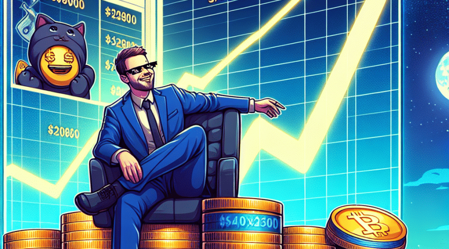 "Crypto expert Murad Mahmudov, dressed in midnight blue #021B43 attire, sitting atop a heap of vibrant memecoins. Two data charts in brand color orange #FF9811, showcase the ascension of memecoin SPX6900 and the downfall of Apu Apustaja under a dark blue #000D43 night sky. Image in a 1200x628 pixels format."