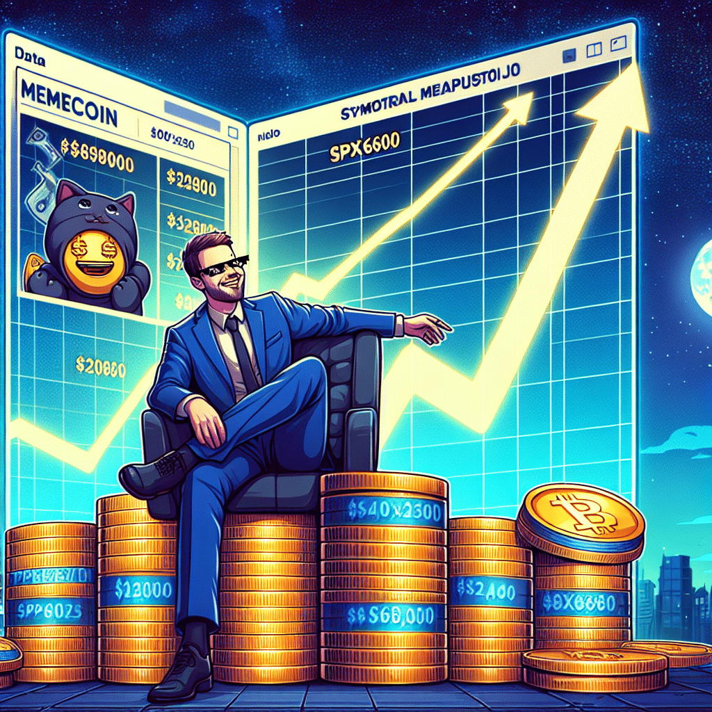 "Crypto expert Murad Mahmudov, dressed in midnight blue #021B43 attire, sitting atop a heap of vibrant memecoins. Two data charts in brand color orange #FF9811, showcase the ascension of memecoin SPX6900 and the downfall of Apu Apustaja under a dark blue #000D43 night sky. Image in a 1200x628 pixels format."