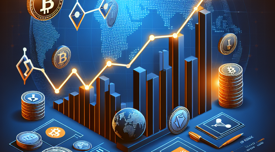 "SEO-friendly alt-text: Infographic illustrating the trend in the crypto market with a decreasing Bitcoin value, rising stablecoin adoption, new US crypto laws, and the rise in tokenized assets depicted through Bitcoin and stablecoin icons, an upward trending graph, a legal document image, and tokenized assets on a globe, all in a professional layout using the brand colors Orange, Dark Blue, and Midnight Blue, and sized 1200 x 628 pixels."