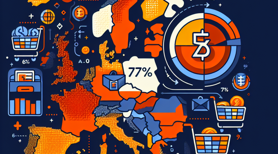 "Infographic visual depicting a map of Europe with highlighted countries Poland, Lithuania, and Estonia signifying high stablecoin adoption. The image includes retail items in a shopping cart and a travel icon, representing the leading spending categories. A bold 75% symbol as an illustrative representation of the dominance of stablecoins. Image uses brand colours Orange (#FF9811) for highlighting, Dark Blue (#000D43) for main background, and Midnight Blue (#021B88) for additional elements. Infographics related to Crypto and stablecoins are incorporated to provide visual context. The title reads “Stablecoins power 75% of Crypto payments across Europe: Oobit Report”. Image is optimized for a 1200 x 628 pixel size."