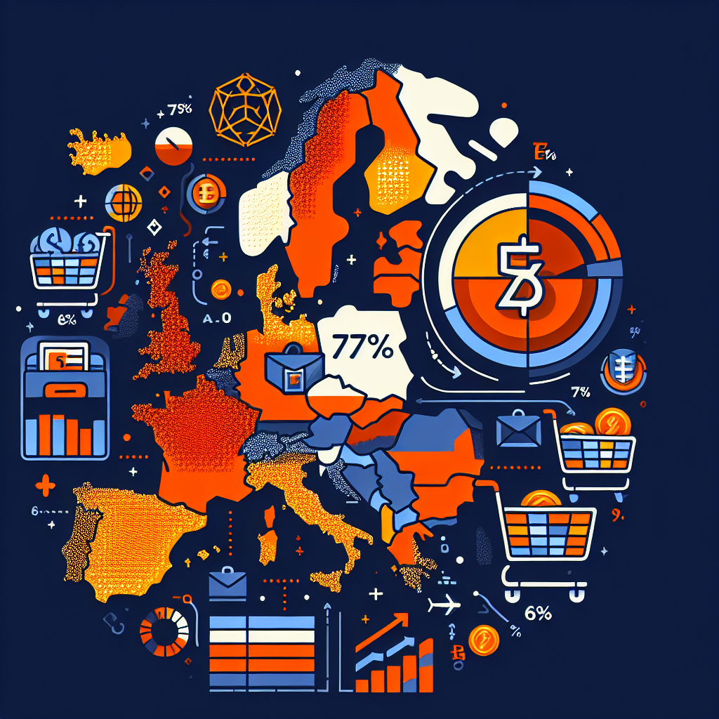 "Infographic visual depicting a map of Europe with highlighted countries Poland, Lithuania, and Estonia signifying high stablecoin adoption. The image includes retail items in a shopping cart and a travel icon, representing the leading spending categories. A bold 75% symbol as an illustrative representation of the dominance of stablecoins. Image uses brand colours Orange (#FF9811) for highlighting, Dark Blue (#000D43) for main background, and Midnight Blue (#021B88) for additional elements. Infographics related to Crypto and stablecoins are incorporated to provide visual context. The title reads “Stablecoins power 75% of Crypto payments across Europe: Oobit Report”. Image is optimized for a 1200 x 628 pixel size."