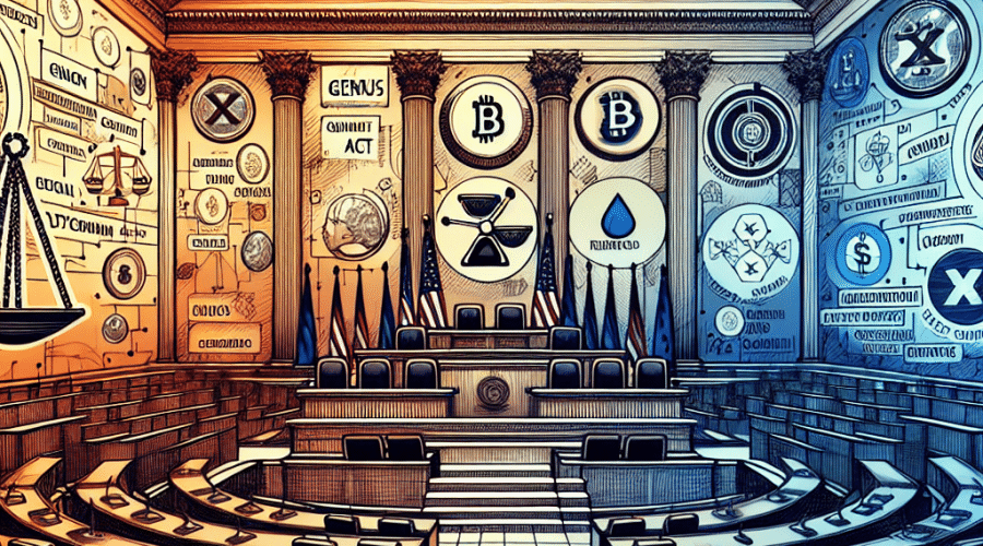"SEO alt-text: U.S House of Representatives chamber detailed view, overlapped with cryptocurrency symbols, primarily stablecoins, for July 14-18; GENIUS Act and Digital Asset Market Clarity Act draft sketches subtly in the backdrop. In the image corners are depicted a digital scales symbolizing regulation, and Amazon and Walmart logos integrated with crypto tokens, all in a blend of Orange, Dark Blue, and Midnight Blue. The overall mood points towards legislative deliberation and anticipation for cryptocurrency regulations, fitting 1200x628px WordPress blog post."