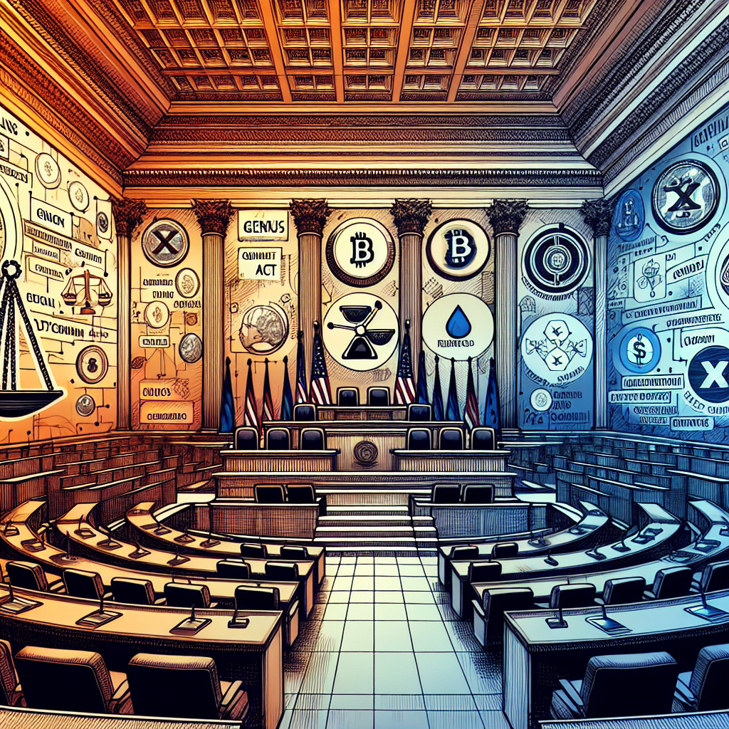 "SEO alt-text: U.S House of Representatives chamber detailed view, overlapped with cryptocurrency symbols, primarily stablecoins, for July 14-18; GENIUS Act and Digital Asset Market Clarity Act draft sketches subtly in the backdrop. In the image corners are depicted a digital scales symbolizing regulation, and Amazon and Walmart logos integrated with crypto tokens, all in a blend of Orange, Dark Blue, and Midnight Blue. The overall mood points towards legislative deliberation and anticipation for cryptocurrency regulations, fitting 1200x628px WordPress blog post."