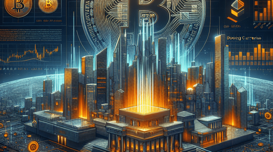 "Futuristic cryptocurrency market illustration highlighting the dominance of Bitcoin and Ether, featuring iconic symbols of the White House and tech giants, along with a graphical representation of skyrocketing cryptocurrency stock performance. Central to the image is a text saying 'Crypto Market Outlook 2025' styled in a modern, innovative and sophisticated manner. The design's colors predominantly comprise shades of orange, dark blue, and midnight blue. Dimensions: 1200x628 pixels."