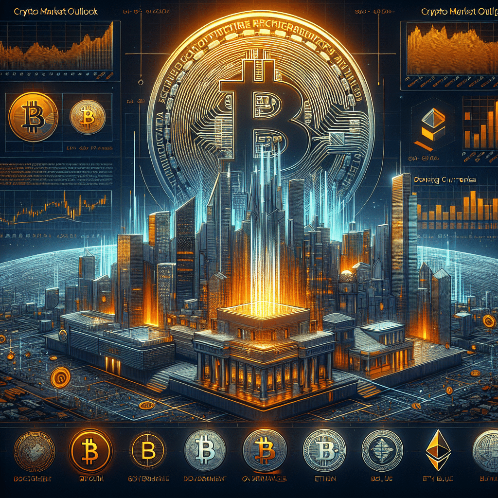 "Futuristic cryptocurrency market illustration highlighting the dominance of Bitcoin and Ether, featuring iconic symbols of the White House and tech giants, along with a graphical representation of skyrocketing cryptocurrency stock performance. Central to the image is a text saying 'Crypto Market Outlook 2025' styled in a modern, innovative and sophisticated manner. The design's colors predominantly comprise shades of orange, dark blue, and midnight blue. Dimensions: 1200x628 pixels."