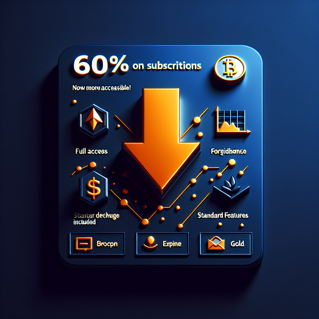 "Orange arrow indicating 60% off on subscriptions, against a midnight blue background with icons of crypto, forex, and gold trading. 'Elite Trading Analysis Now More Accessible! Full Access - Standard Features Included' written in bold, dark blue font at the bottom, symbolizing a sale in the trading industry."