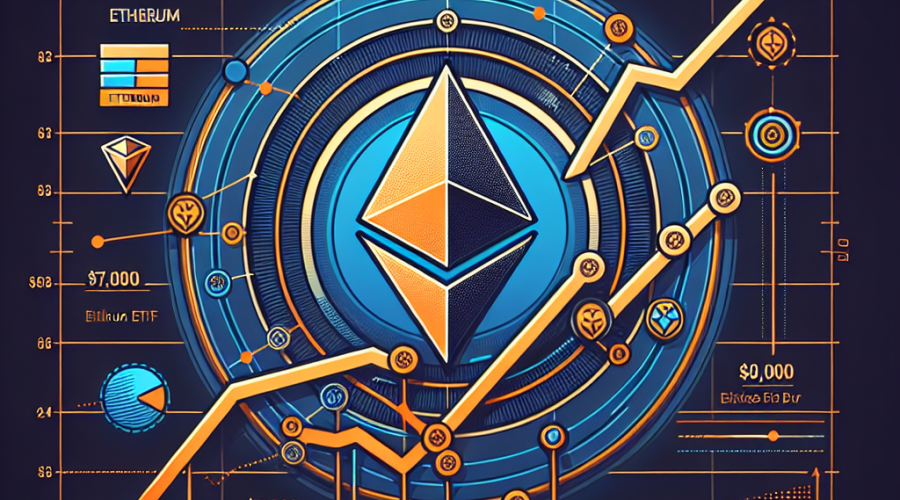 "SEO alt-text: Illustration of Ethereum logo in front of a rising price trend line chart indicating potential future price targets between $7000 and $10,000. Ethereum exchange-traded funds (ETFs) and network activity graphics are included as supplementary visuals. Dominant color scheme consists of shades of orange, dark blue, and midnight blue. Dimensions of the image are 1200x628 pixels."
