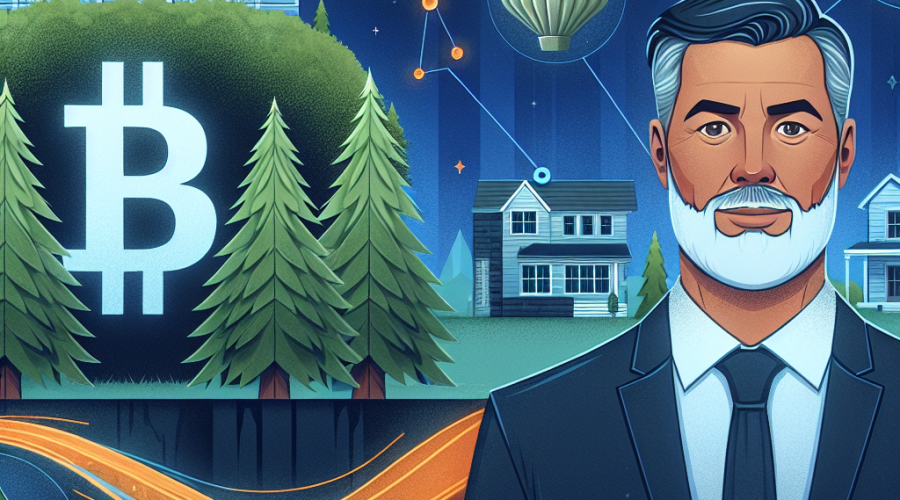 "1200x628 pixel image featuring Director William Pulte of Federal Housing Finance Administration, symbols of Fannie Mae and Freddie Mac, cryptocurrency visuals, and a house symbolizing a mortgage against a midnight blue background. The elements are interconnected with an orange flow line representing the integration of cryptocurrencies in mortgage considerations, complete with a dark blue banner inscribed 'Cryptocurrency: A New Asset in Mortgage Applications'."