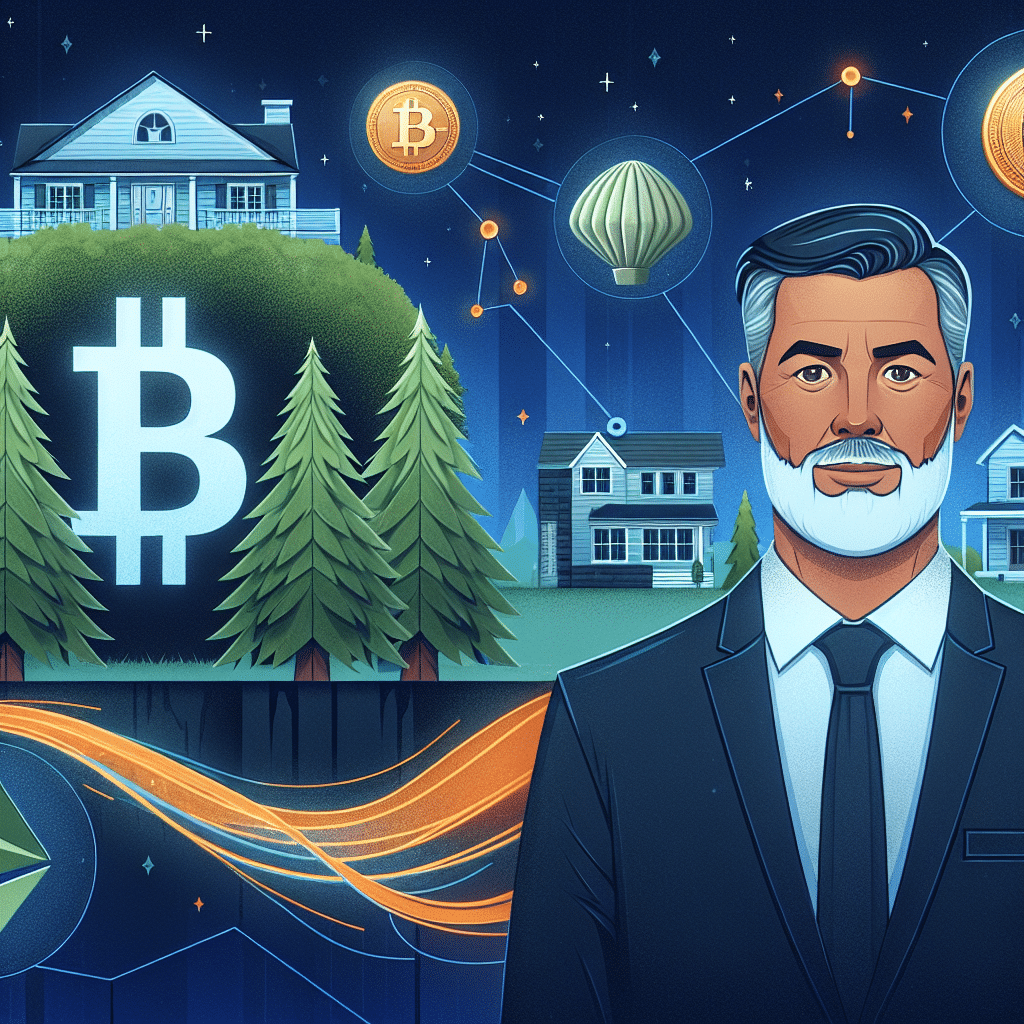 "1200x628 pixel image featuring Director William Pulte of Federal Housing Finance Administration, symbols of Fannie Mae and Freddie Mac, cryptocurrency visuals, and a house symbolizing a mortgage against a midnight blue background. The elements are interconnected with an orange flow line representing the integration of cryptocurrencies in mortgage considerations, complete with a dark blue banner inscribed 'Cryptocurrency: A New Asset in Mortgage Applications'."