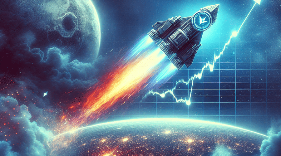 "Rocket with Flare crypto logo launching from Earth into a midnight blue space, symbolizing the surge in Flare's value and open interest in the cryptocurrency market. Faintly illustrated in the background is a chart showcasing the rise in Flare's price, set on a dark blue canvas."