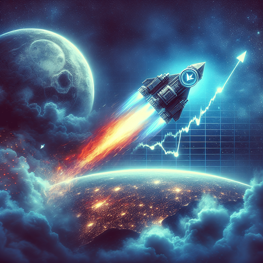 "Rocket with Flare crypto logo launching from Earth into a midnight blue space, symbolizing the surge in Flare's value and open interest in the cryptocurrency market. Faintly illustrated in the background is a chart showcasing the rise in Flare's price, set on a dark blue canvas."