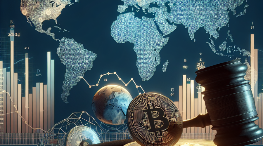 "SEO-friendly representation of a 1200x628 px image featuring a courtroom with justice gavel, subtly highlighted Asian and Middle Eastern regions on a faint world map adorned with 3D bitcoins, overlayed with semi-transparent market fluctuation graphs in tones of FF9811, 000D43, on a midnight blue (021B88) backdrop. Central text reads 'FTX Bankruptcy Estate: Curbing Global Crypto Payouts?'".