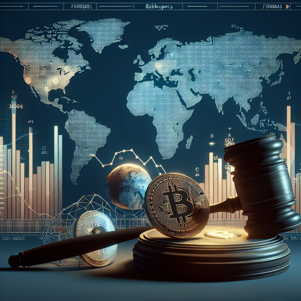 "SEO-friendly representation of a 1200x628 px image featuring a courtroom with justice gavel, subtly highlighted Asian and Middle Eastern regions on a faint world map adorned with 3D bitcoins, overlayed with semi-transparent market fluctuation graphs in tones of FF9811, 000D43, on a midnight blue (021B88) backdrop. Central text reads 'FTX Bankruptcy Estate: Curbing Global Crypto Payouts?'".