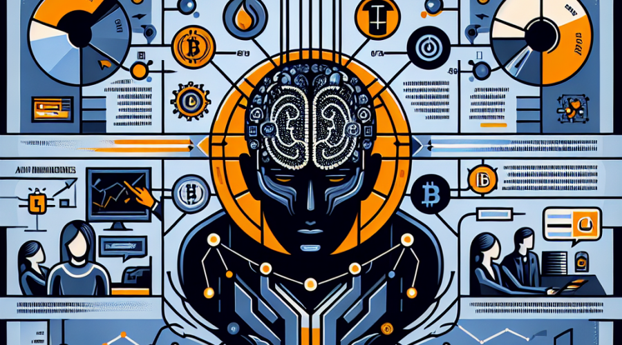 "Google's AI, Gemini, meticulously analyzing diverse cryptocurrency news sources and transforming the data into actionable trading insights. Different elements of the image show various news headlines, a sentiment scale ranging from positive to negative, and an intricate trading chart suggesting strategic cryptocurrency analysis. The central logo represents Gemini serving as a driving force in data analysis. The image is painted in brand colours: Key elements are highlighted in Orange (#FF9811), the background and base elements are in Dark Blue (#000D43), and complementary parts in Midnight Blue (#021B88). The dimensions of the image are 1200 x 628 pixels, aligning with our blog post standards."