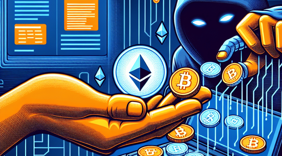 "A digital illustration of a hacker returning transparent Ethereum coins to the GMX decentralized platform; displaying a message promising the return of stolen crypto. Image depicts a merge of orange, dark blue and midnight blue tones, reflecting the tense yet hopeful scenario post-cyberhack."