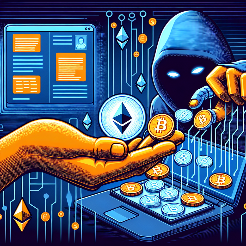 "A digital illustration of a hacker returning transparent Ethereum coins to the GMX decentralized platform; displaying a message promising the return of stolen crypto. Image depicts a merge of orange, dark blue and midnight blue tones, reflecting the tense yet hopeful scenario post-cyberhack."