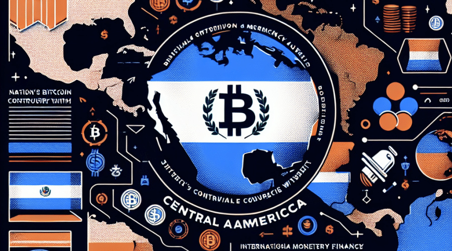 "1200x628 pixels infographic visualizing El Salvador's Bitcoin Controversy with IMF, featuring the Central American map overlaid by El Salvador's flag and related icons including Bitcoin, IMF reports and the Chivo Bitcoin Wallet in brand colors Orange (#FF9811), Dark Blue (#000D43) and Midnight Blue (#021B88)."